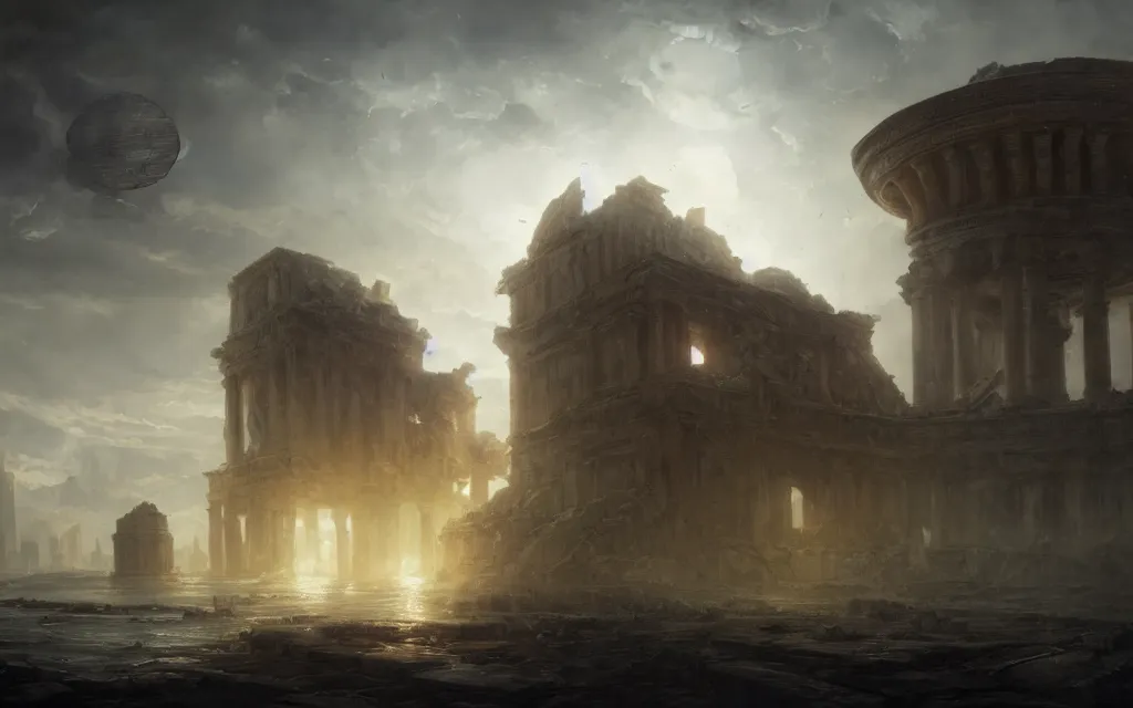 Image similar to longshot photograph of advanced civilization city ruins floating in a disc in the sky by hubert robert, lee madwick and bastien lecouffe - deharme, 8 k artstation, cinematic dramatic lighting, high contrast