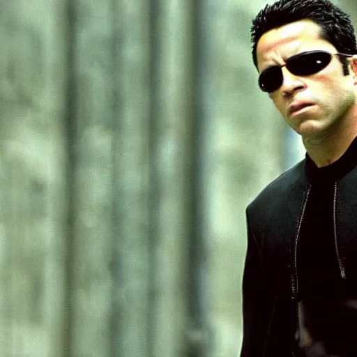 Prompt: Still of Xavi Hernandez in The Matrix reloaded (1999)