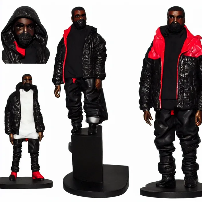 Image similar to a action figure figure of kanye west using a full face covering black mask, a small, tight, undersized reflective bright red round puffer jacket made of nylon, dark jeans pants and big black balenciaga rubber boots, figurine, detailed product photo