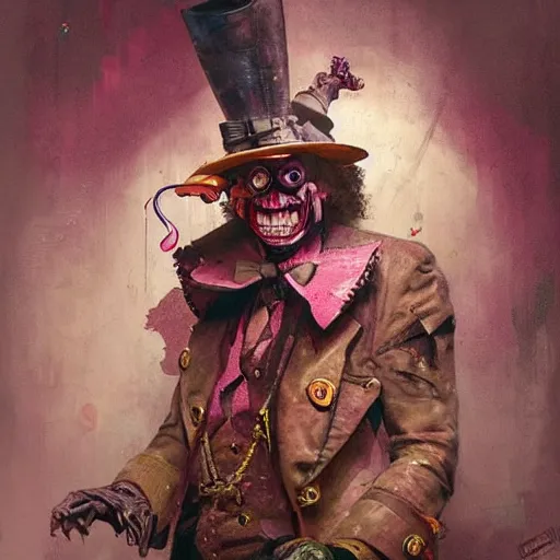 Image similar to Portrait of a creepy steampunk clown, fantasy, colorful, detailed, by Greg Rutkowski and Dave McKean, pink and gold color palette