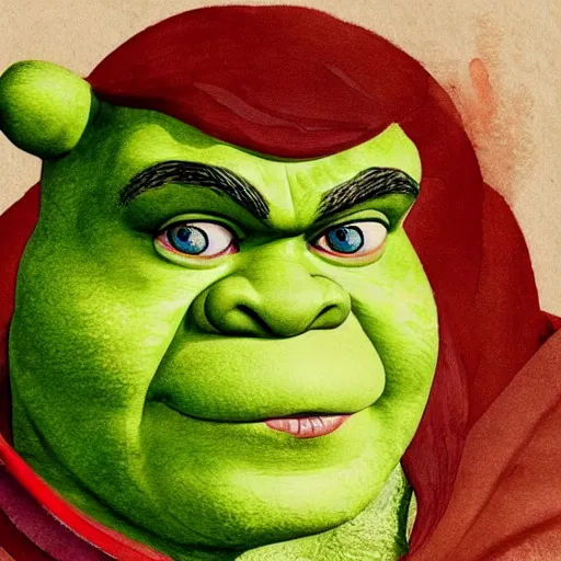 Prompt: beautiful water color concept art of face detailing shrek in the style of japanese wood printing , toon rendering, close-up, no shade, modern art, kyoto animation, manga, Julian Opie