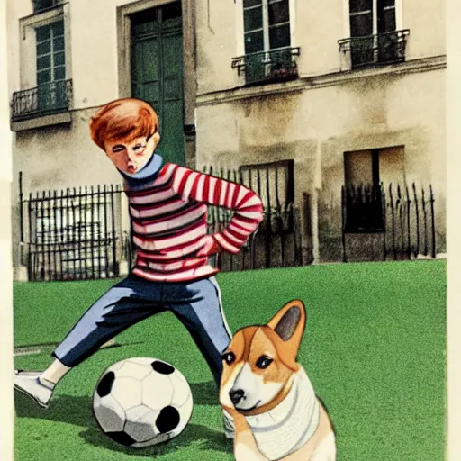 Image similar to a french boy on the streets of paris playing football against a corgi, the dog is wearing a polka dot scarf, book illustration, 1 9 6 6