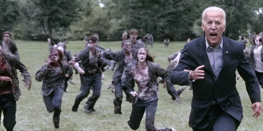 Prompt: movie still of joe biden running away from a hoard of infected zombies on the white house lawn in the movie 2 8 days later, detailed, real, cinematic
