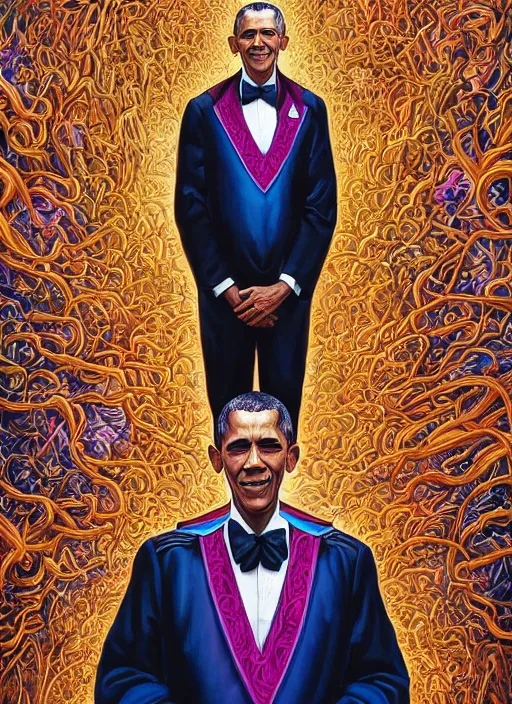 Image similar to beautiful oil painting, full length portrait of Barack Obama in coronation robes 1701, Dan Mumford, Dan Mumford, Alex grey, Alex grey, highly detailed , lsd visuals, dmt fractal patterns, hallucinogen, visionary art, psychedelic art, ornate, vaporwave, baroque