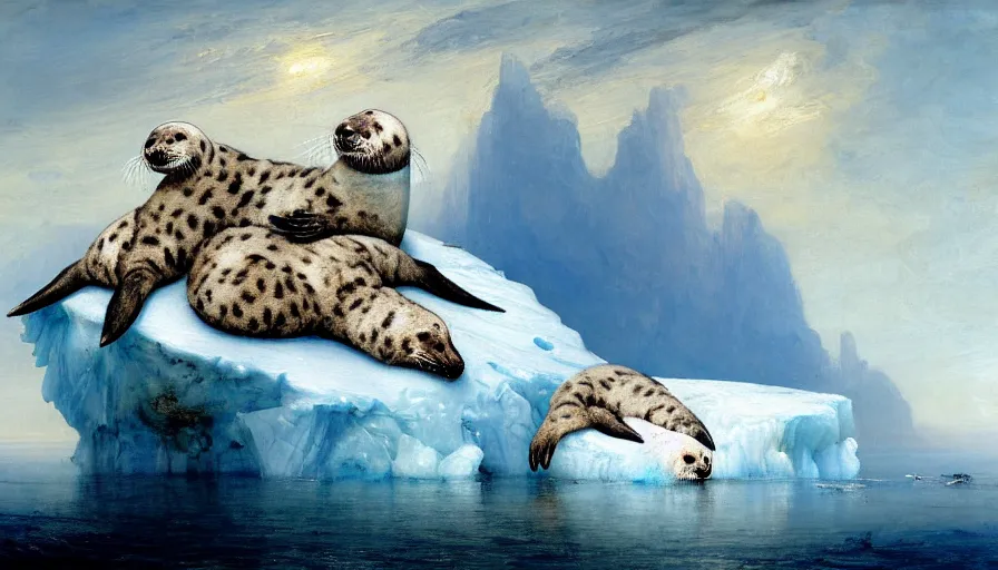 Image similar to highly detailed painting of cute furry white baby seal leopards cuddling into each other on a blue and white iceberg by william turner, by greg rutkowski, by william constable, thick brush strokes and visible paint layers, 4 k resolution