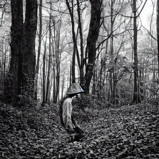 Prompt: Black and white 35mm film photograph of a destitute young man foraging for mushrooms in a forest blanketed with mushrooms. Deep shadows and highlights. Wide shot. f/2.0 ISO 1200. Shutter speed 1/60 sec. Lightroom.