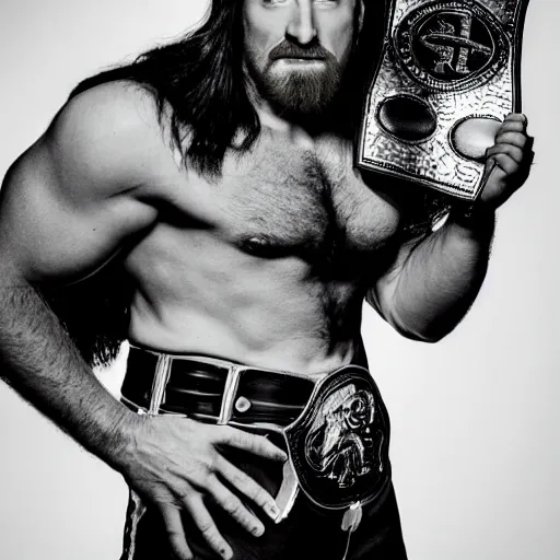 Image similar to Sheamus posing with his champion belt for a magazine photo