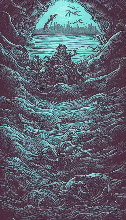 Prompt: man on boat crossing a body of water in hell with creatures in the water, sea of souls, by dan mumford,