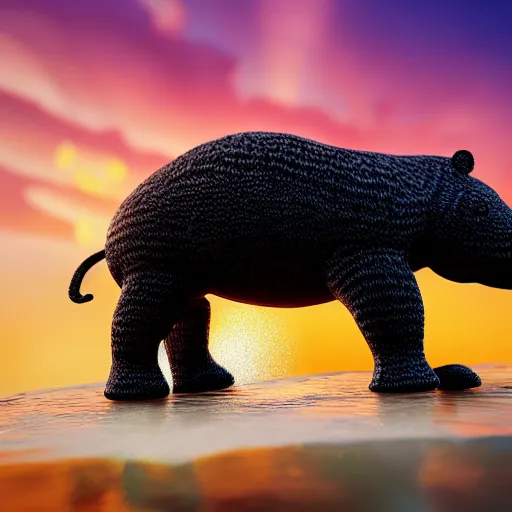 Image similar to a closeup photorealistic photograph of a cute smiling knitted tiger hippopotamus chasing a beachball at sunset. surf in the background. professional capture. this 4 k hd image is trending on artstation, featured on behance, well - rendered, extra crisp, features intricate detail, epic composition and the style of unreal engine.