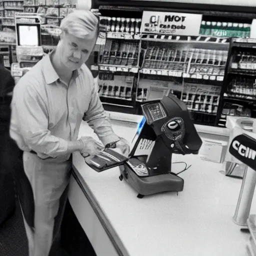 Prompt: Former House Speaker Newt Gingrich minding the till at a 7/11. CineStill