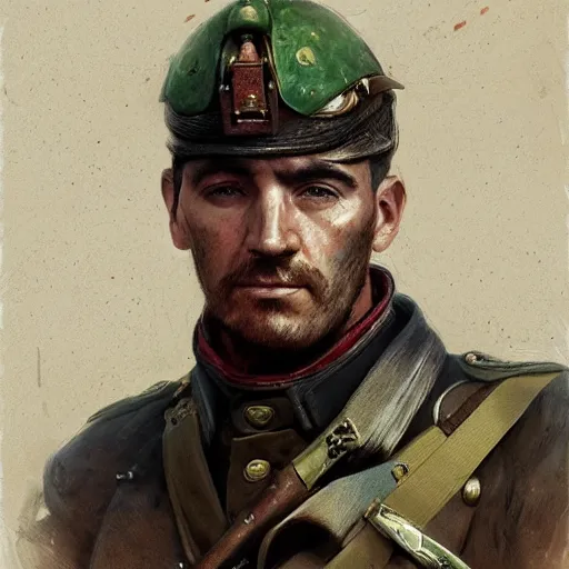 Image similar to portrait of a spanish war hero juan martin diez, colourised, face portrait, epic, tragic, military art, fantasy, dieselpunk, hd shot, digital portrait, beautiful, artstation, comic style, by artgerm, guy denning, jakub rozalski, magali villeneuve and charlie bowater