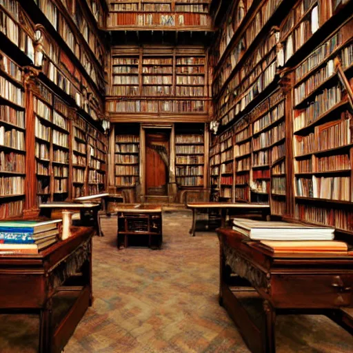 Prompt: ancient library interior holding the secrets of mankind, floating books, magical atmosphere