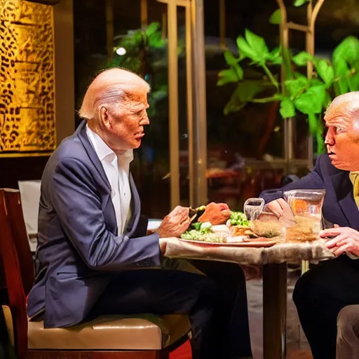 Image similar to Trump and Biden having dinner at a fancy Balinese restaurant, award winning photography, 85mm, perfect faces