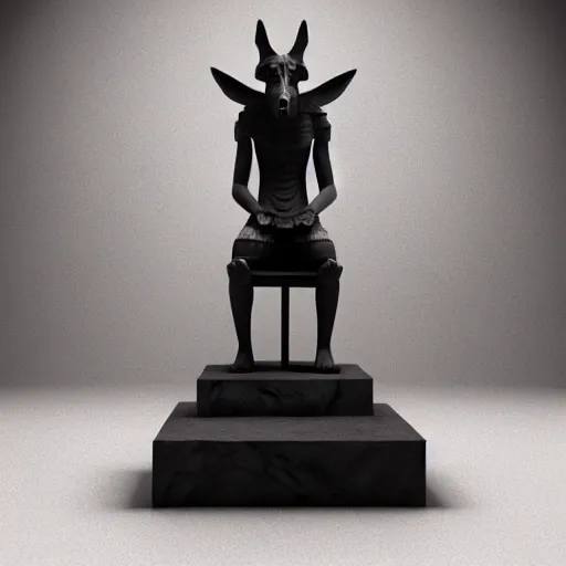 Image similar to ancient statue of Anubis the jackal god, seated at attention on a plinth, octane render, studio lighting