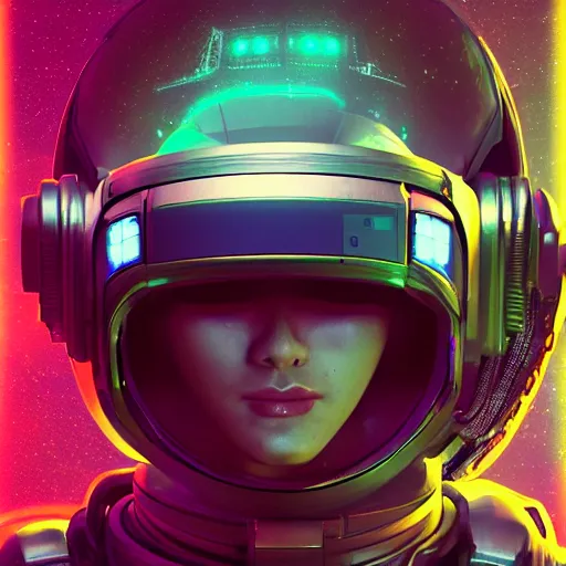 Image similar to cyberpunk astronaut bot, cinema 4 d, galaxy space sci - fi, wearing vr goggles, illustration, portrait, pastel neon textured background night, trending on artstation, greg rutkowski, octane rendered, 1 2 k, detailed,