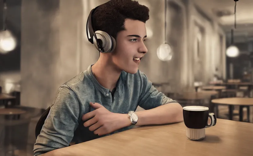 Image similar to a male teenager with headphones in a cafe sitting in front of a table with a coffee, digital painting, masterpiece, digital art, concept art, octane render, unreal engine 5, trending on deviantart, highly detailed, high quality, 4 k, cartoon, high coherence, realistic, anatomically correct, five fingers, relaxing, realistic and detailed face, beautiful, elegant