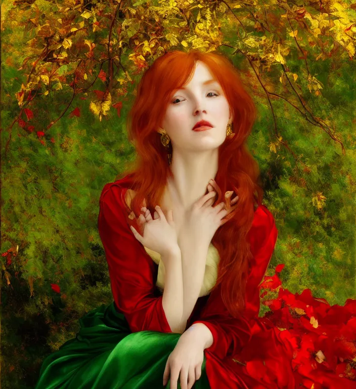 Image similar to portrait of a red haired woman wearing a green satin dress with fine gold filigree, autumn leaves falling, dramatic volumetric lighting, god rays, global illumination, soft, sharp focus, ivy, masterpiece, moss, trending on artstation, painting by Caravaggio and ruan jia and Daytoner and Alphonse Mucha