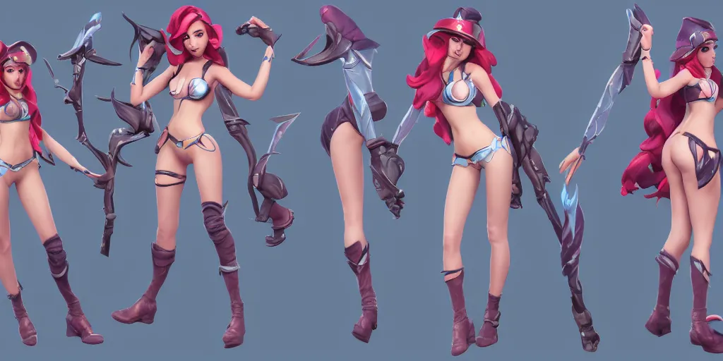 Image similar to Character sheet of pool party miss fortune (League of Legends). 3d unreal engine 5 trending on artstation