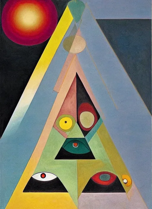 Prompt: illuminati pyramid with an eye floating on top of it, geometric shapes and patterns, muted color palette, symmetric, symbolist, abstract, spiritual art painting by Hilma At Klint, Wassily Kandinsky