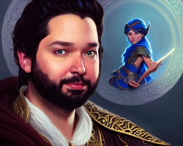 Image similar to a portrait of alexis ohanian as a wizard, deep focus, d & d, fantasy, intricate, elegant, highly detailed, digital painting, artstation, concept art, matte, sharp, illustration, hearthstone, art by artgerm and greg rutkowski and alphonse mucha