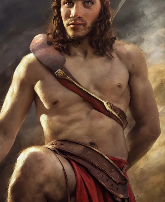Prompt: portrait of a handsome young gladiator, art by denys tsiperko and bogdan rezunenko and franz xaver kosler, hyperrealism, fantasy art