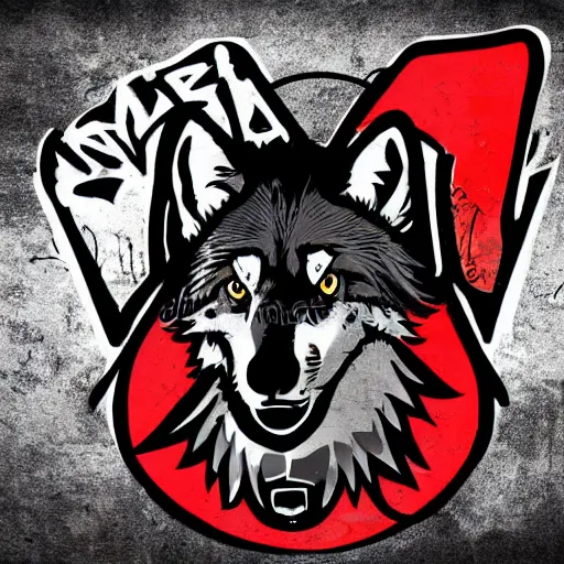 Image similar to vector illustration logo of a wolf with a mohawk gang tag graffiti, red and black, punk, spray smudge, masterpiece, banksy