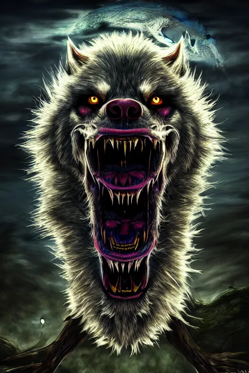 Image similar to a portrait of a scary snarling werewolf with sharp fangs and claws that is howling at the moon, highly detailed, digital photo, hdri, by christopher bretz and john carpenter, vivid colors, high contrast, 8 k resolution, intricate, photorealistic, smooth, psychedelic color scheme, concept art, award winning, cg society contest winner