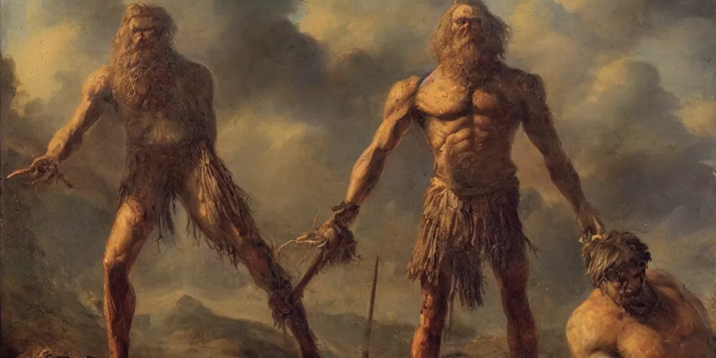 Image similar to high quality high detail painting, dead giant goliath, david standing next to the body