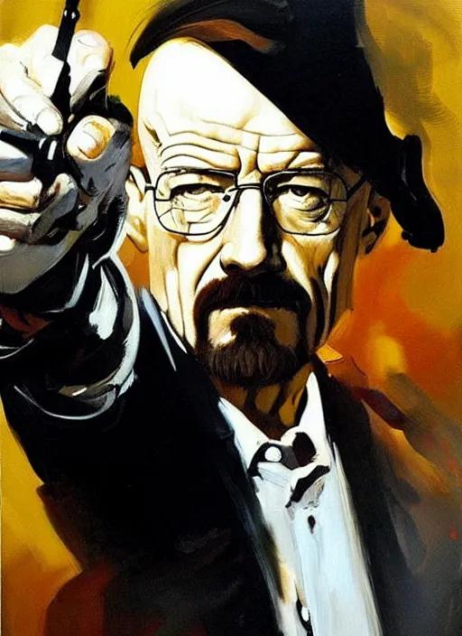 Prompt: walter white holding gun, painting by phil hale, francisco goya,'action lines '!!!, graphic style, visible brushstrokes, motion blur, blurry