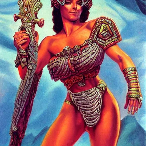 Image similar to alluring byzantine aztec concubine dressed in gauze, science fiction concept art by boris vallejo