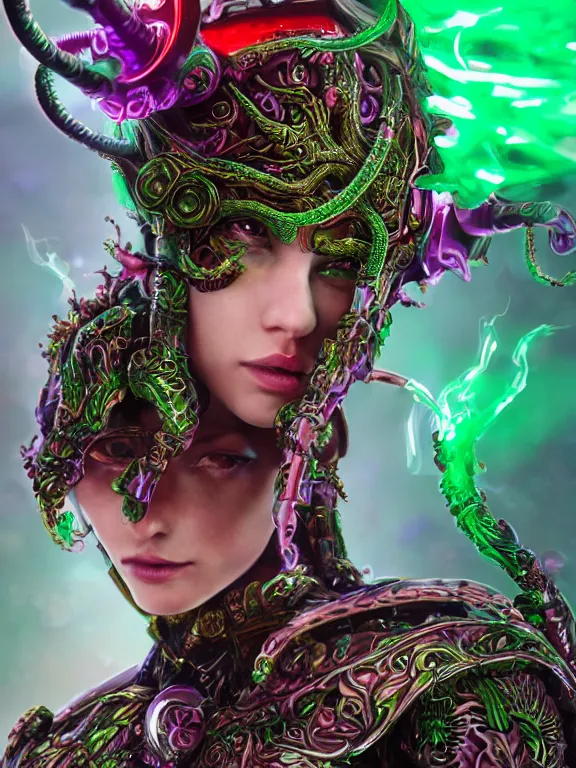 Image similar to portrait art of 8k ultra realistic green-eyed girl,intricate red crown on small purple tentacles, detailed intricate red ornate armour, cybernetic, full of colour, cinematic lighting, trending on artstation, 4k, hyperrealistic, focused, extreme details,unreal engine 5, cinematic, masterpiece, art by ayami kojima,