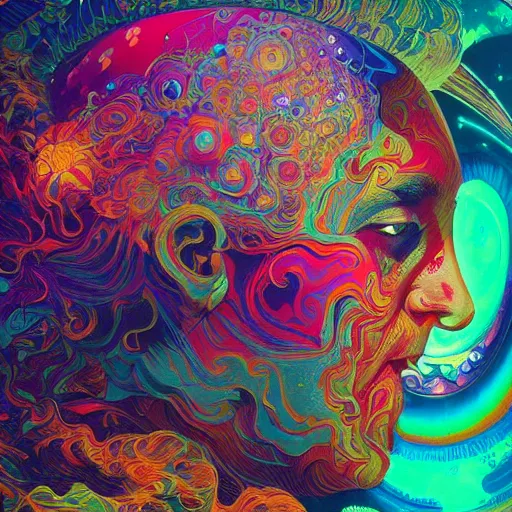 Image similar to An extremely psychedelic experience, colorful, surreal, dramatic lighting, cosmonaut, LSD, face, detailed, intricate, elegant, highly detailed, digital painting, artstation, concept art, smooth, sharp focus, illustration, art by Sam Spratt, Dan Mumford, Artem Demura and Alphonse Mucha