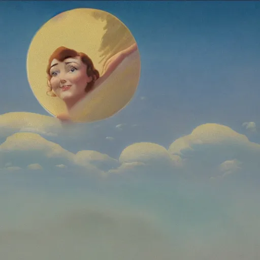 Prompt: matte painting of a smiling crescent moon face sad, surrounded by clouds, birds eye view, highly detailed, disney, style of maxfield parrish, in the style of lady and the tramp