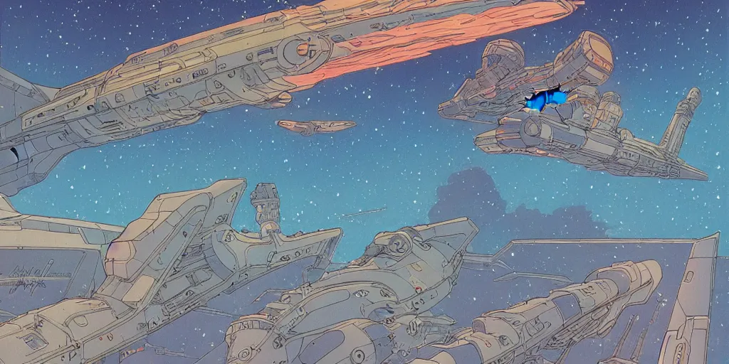 Image similar to beautiful sky cosmic stars spaceship illustration, art by ghibli moebius, comics art