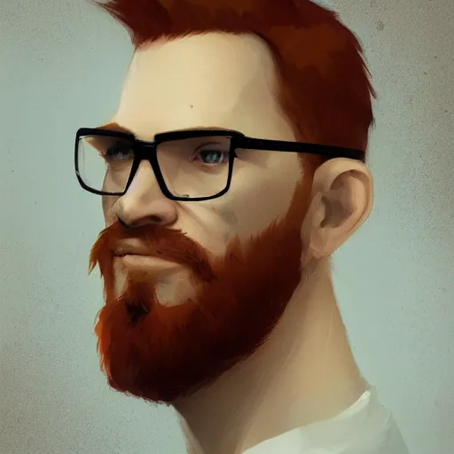 Prompt: A portrait of man with ginger hair, short beard, glasses, art by greg rutkowski, matte painting, trending on artstation