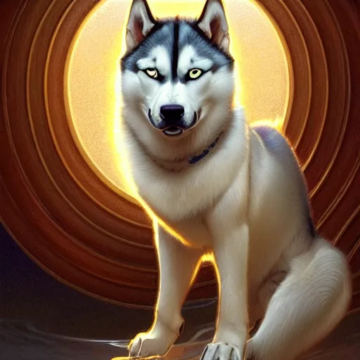 Image similar to beautiful detailed picture of a husky, radiant light, art nouveau, intricate, elegant, highly detailed, my rendition, digital painting, artstation, concept art, smooth, sharp focus, illustration, art by artgerm and greg rutkowski and alphonse mucha