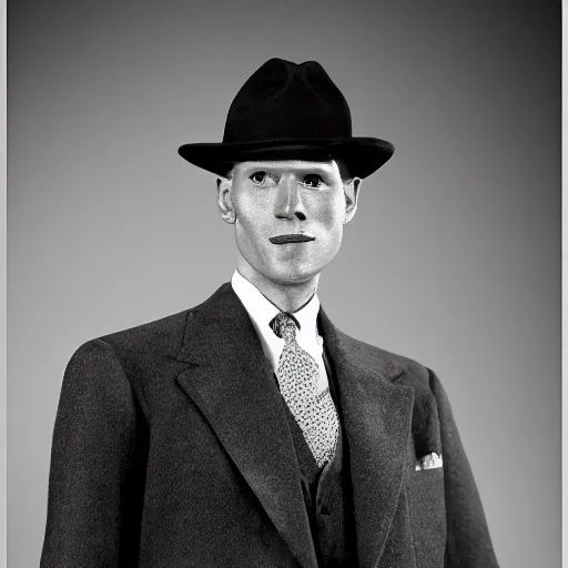 Image similar to A photograph portrait of Jerma985 wearing a suit with and fedora in the 1940s, taken in the early 1940s, grainy, taken on a 940s Kodak Camera, realistic, hyperrealistic, very realistic, highly detailed, very detailed, extremely detailed, detailed, digital art, trending on artstation