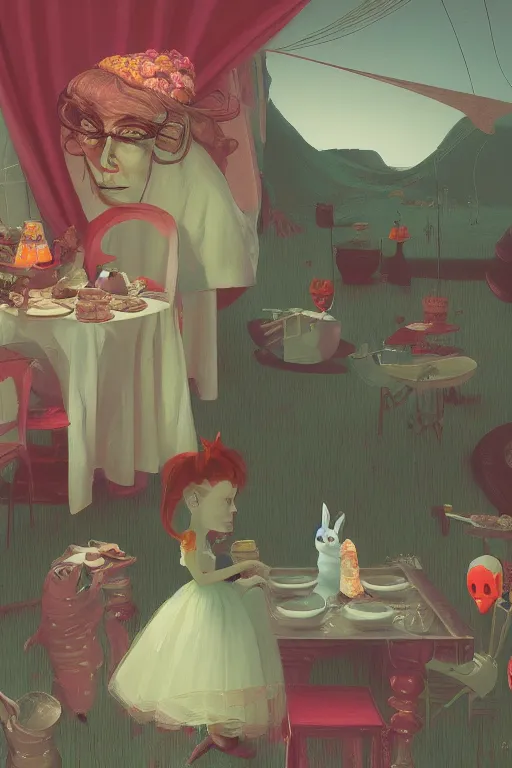 Image similar to Alice portrait tea party with Mr Rabbit in the wonder trash land Edward Hopper and James Gilleard, Zdzislaw Beksisnski, higly detailed