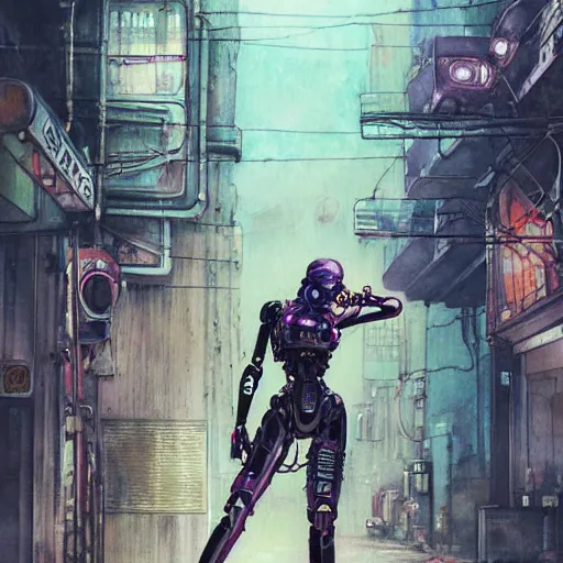 Prompt: a intricate robotic female is leaning on a motorcycle, in a grunge looking alley, wires hanging across windows, Motorbike Cyberpunk by ptitvinc female Blade Runner rogue , dusk, godrays over buildings, Nice colour scheme, soft warm colour. Studio Gibli. Beautiful detailed watercolor by Lurid. (2022)