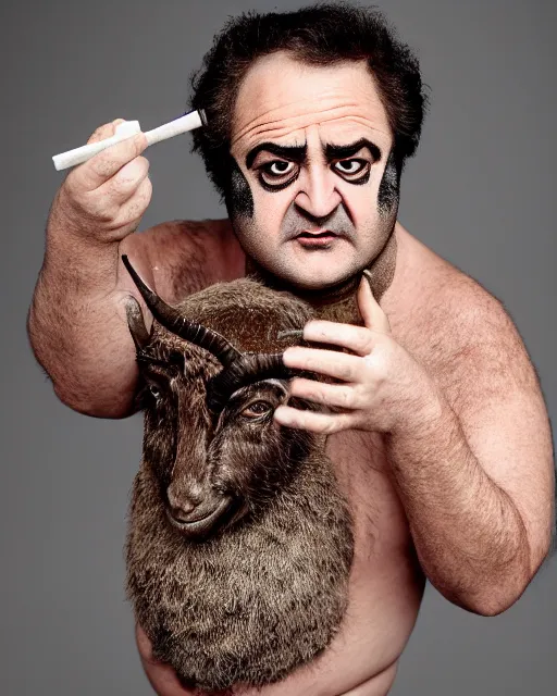 Image similar to actor John Belushi in Elaborate Pan Satyr Goat Man Makeup and prosthetics designed by Rick Baker, Hyperreal, Head Shots Photographed in the Style of Annie Leibovitz, Studio Lighting