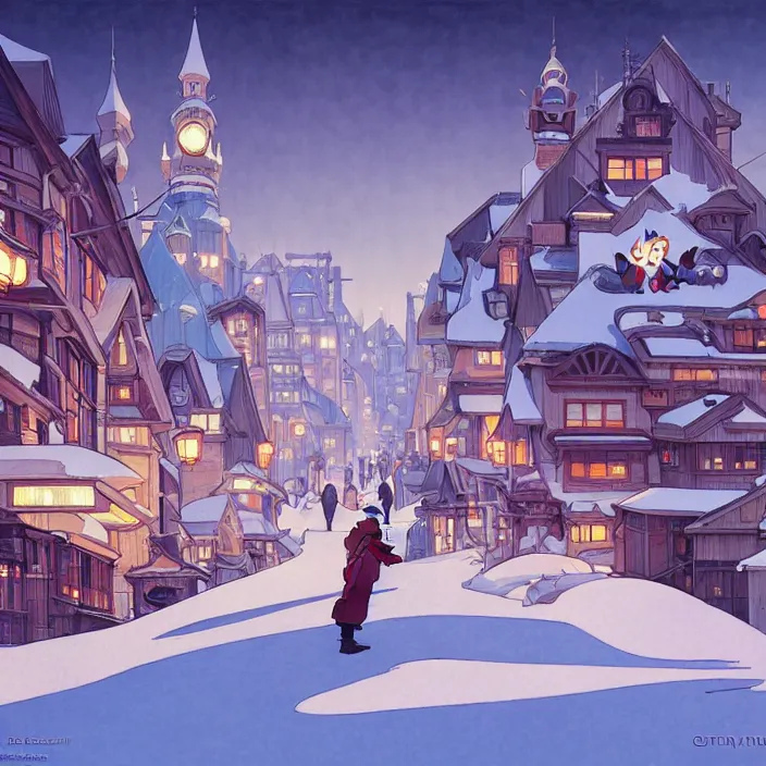 Image similar to canadian city, winter, in the style of studio ghibli, j. c. leyendecker, greg rutkowski, artem