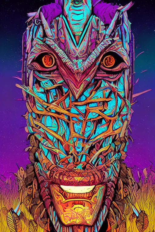 Image similar to totem animal tribal chaman vodoo mask feather gemstone plant wood rock video game illustration vivid color borderlands by josan gonzales and dan mumford radiating a glowing aura