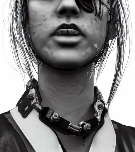 Image similar to detailed realistic female character cyberpunk wearing thick steel collar around neck, realistic, art, beautiful, 4K, collar, choker, collar around neck, punk, artstation, detailed, female, woman, choker, cyberpunk, neon, punk, collar, choker, collar around neck, thick collar, tight around neck, punk,