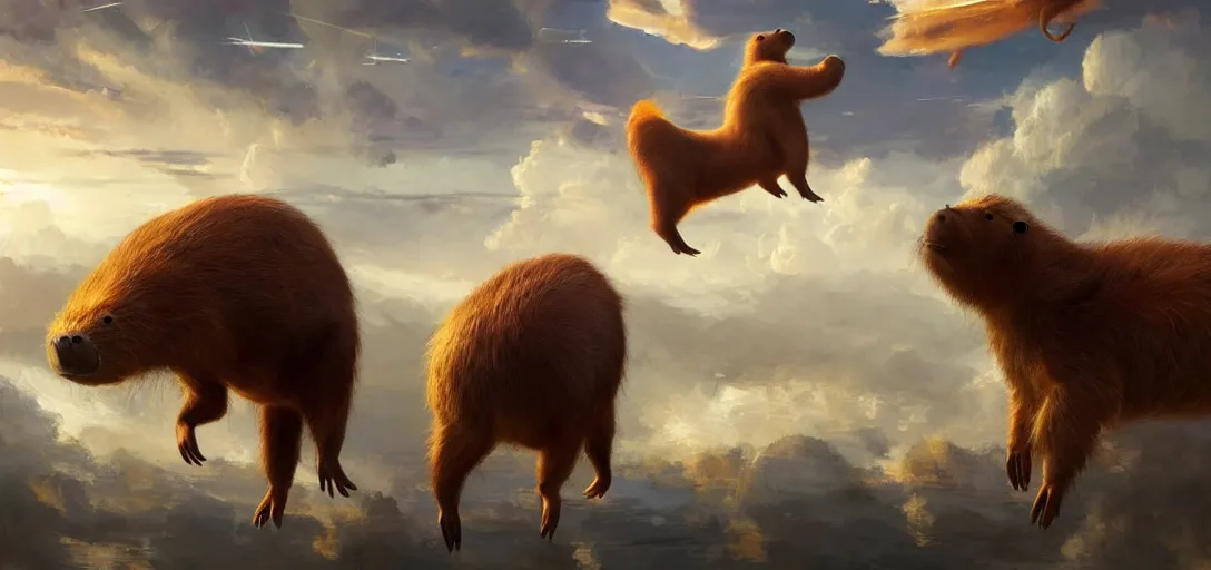 Prompt: A beautiful digital fantasy painting of a giant floating capybara migrating across the sky, trending on artstation, by Stanley Artgerm Lau, WLOP, Rossdraws, James Jean, Andrei Riabovitchev, Marc Simonetti, and Greg Rutkowski