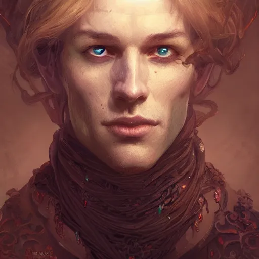 Prompt: portrait of a male necromancer, D&D, fantasy, intricate, elegant, highly detailed, digital painting, artstation, concept art, smooth, sharp focus, illustration, art by artgerm and greg rutkowski and alphonse mucha