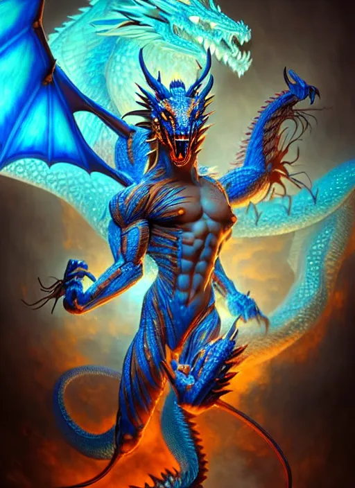 Image similar to muscular and tall blue ghostly fire humanoid dragon!!!! draconian!! intricate ornate iridescent exoesqueleton!! character concept art, sharp focus, octane render! unreal engine 5! highly rendered!! trending on artstation!! detailed linework!! illustration by artgerm, wlop, and chie yoshii