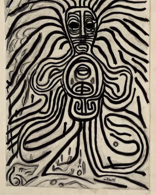 Prompt: portrait of a demon. Line drawing by Jean Cocteau. Ink on paper by Paul Klee.