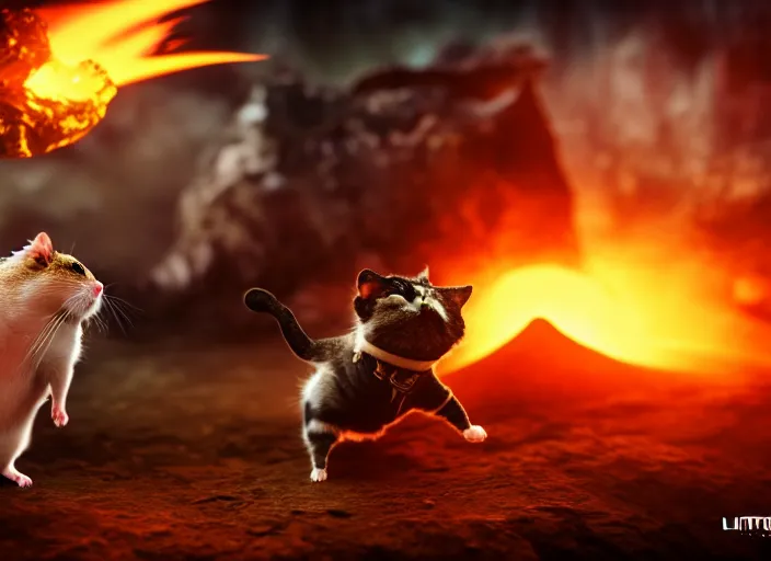 Image similar to hamster fights a cat in mortal kombat at a volcano with shao khan cheering in the background. fantasy magic style. highly detailed 8 k. intricate. lifelike. soft light. sony a 7 r iv 5 5 mm. [ cinematic post - processing ].