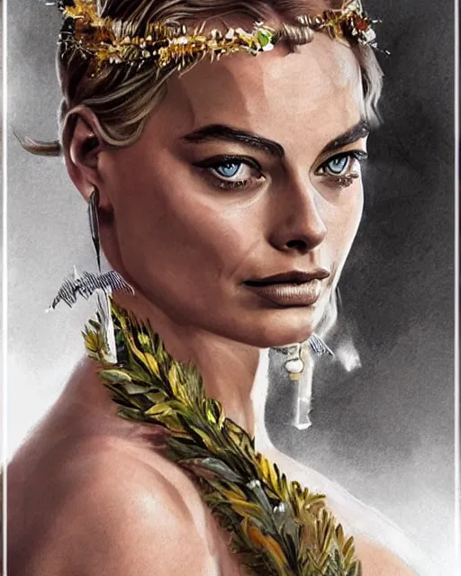 Image similar to realism tattoo sketch of margot robbie as a beautiful greek goddess aphrodite with piercing eyes wearing a laurel wreath and triangle earrings, in the style of greg rutkowski, amazing detail