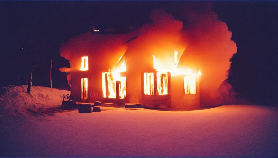 Image similar to 1 9 7 0 s movie still of a burning french style little house in a small northern french village by night in winter, cinestill 8 0 0 t 3 5 mm, heavy grain, high quality, high detail, dramatic light, anamorphic, flares